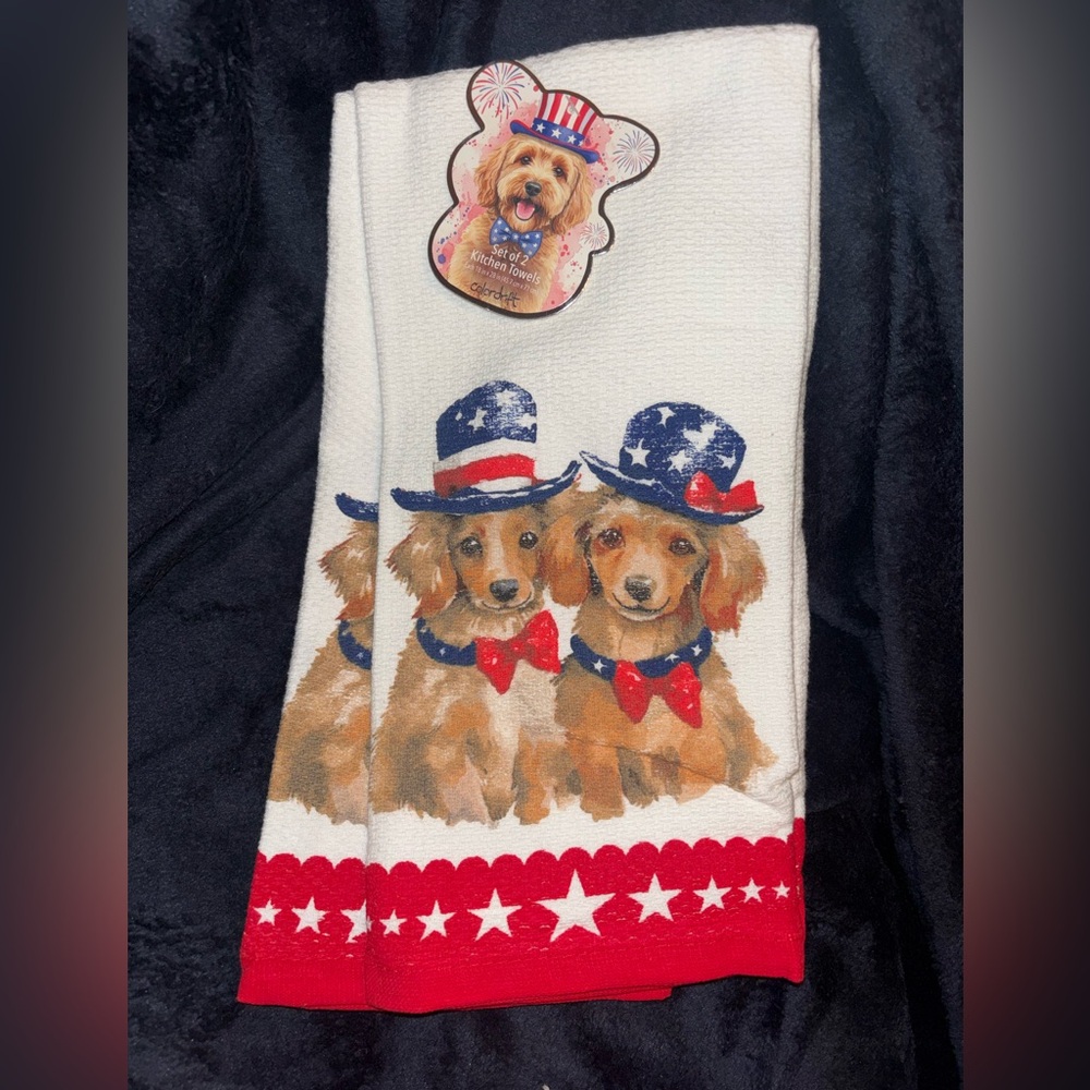 Patriotic Dachshund Puppy Kitchen Towel - Set of 2 - White with Red & Blue